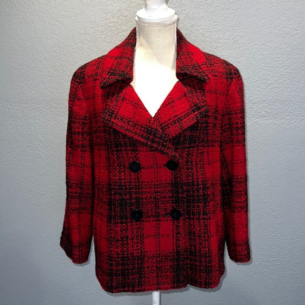 Talbots Wool Blend Lined Red and Black Plaid Four Button Blazer - Size 16